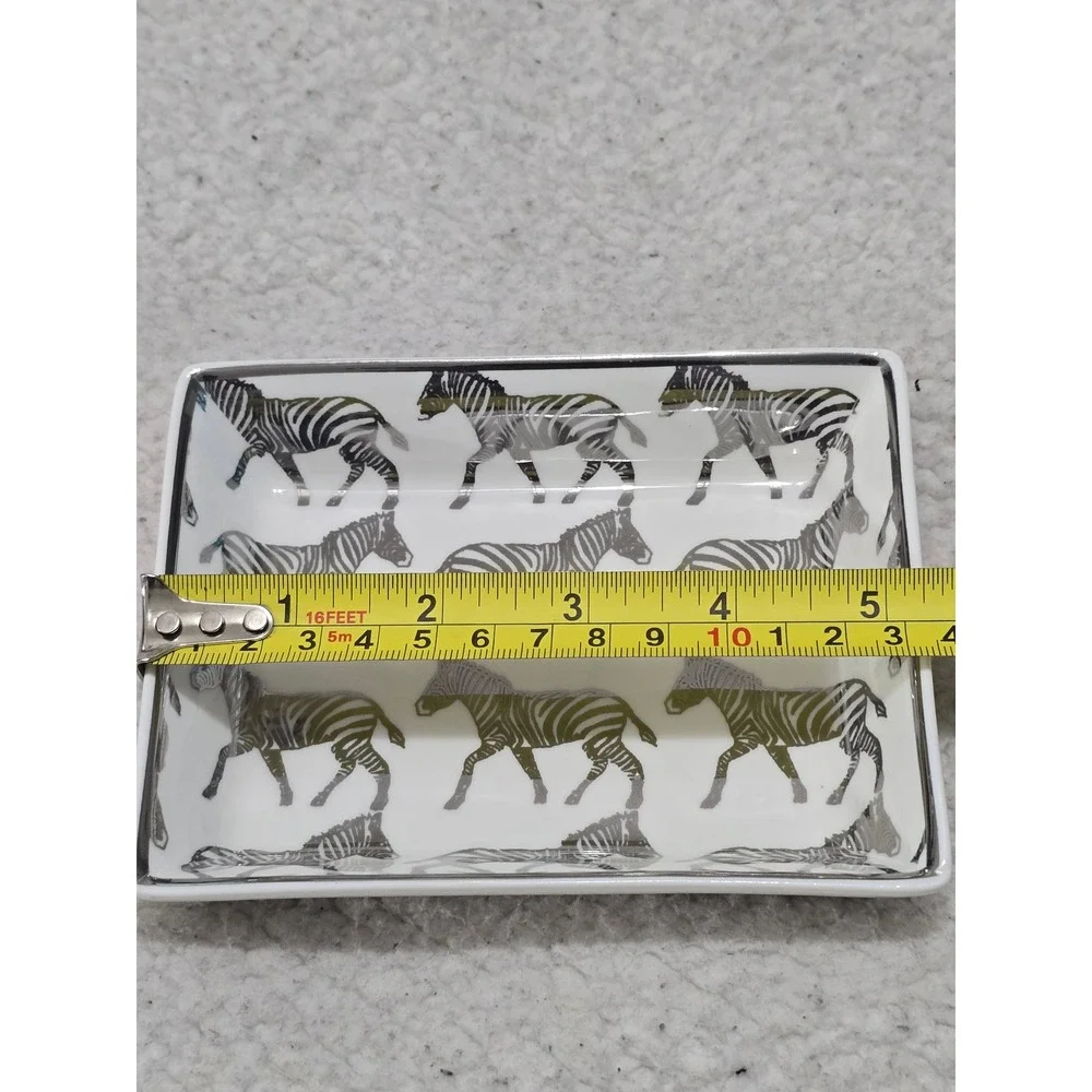 J.Crew Zebra Print Ceramic Trinket Tray Jewelry Dish Silver Trim White Black